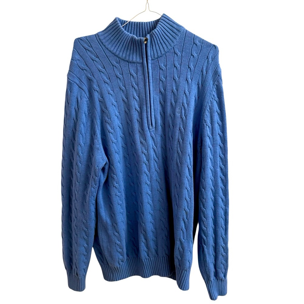 IZOD Men’s Quarter Zip Cable Knit Sweater Size Large L Blue Mock Neck Cotton